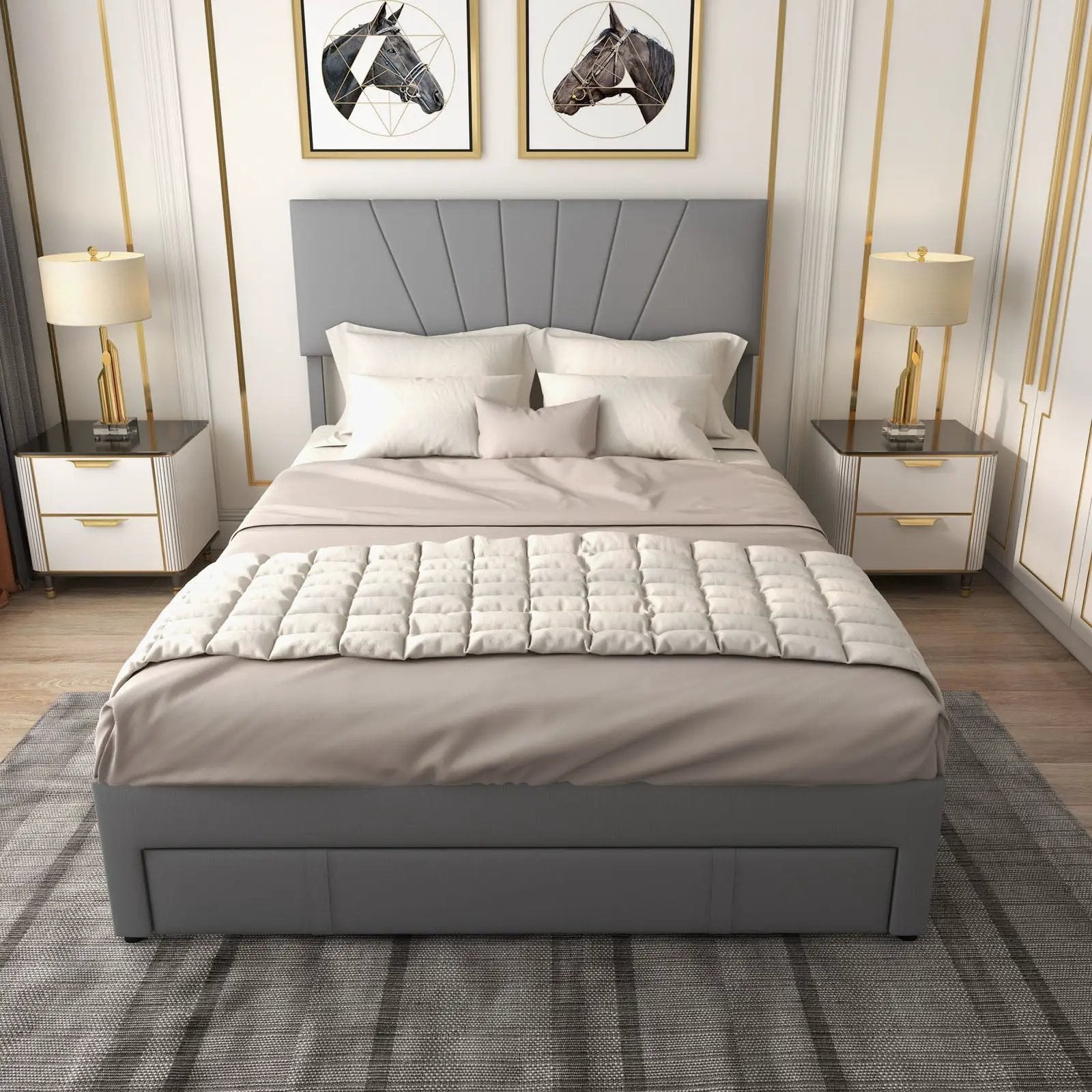 Full/Queen Size Upholstered Bed Frame with Drawer and Adjustable Headboard by DirectDeals