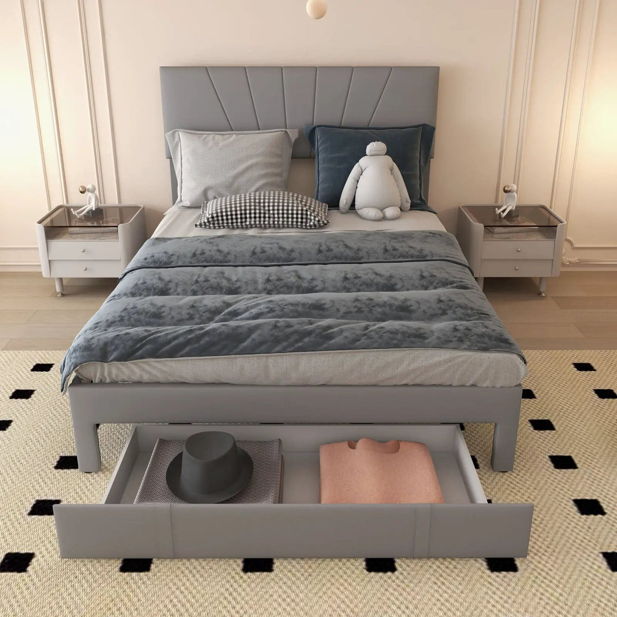 Full/Queen Size Upholstered Bed Frame with Drawer and Adjustable Headboard, photo 14 of 16