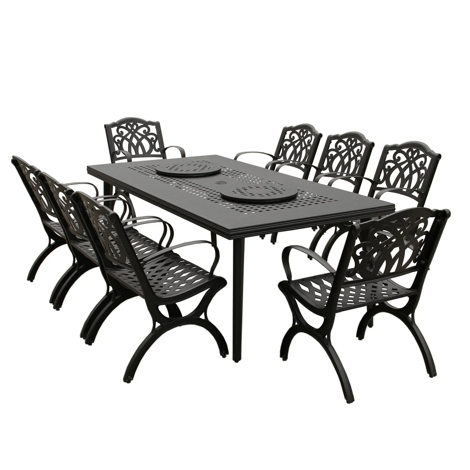 Aluminum 9pc Rectangular Patio Dining Set, Lazy Susans, Eight Chairs by Sharicks