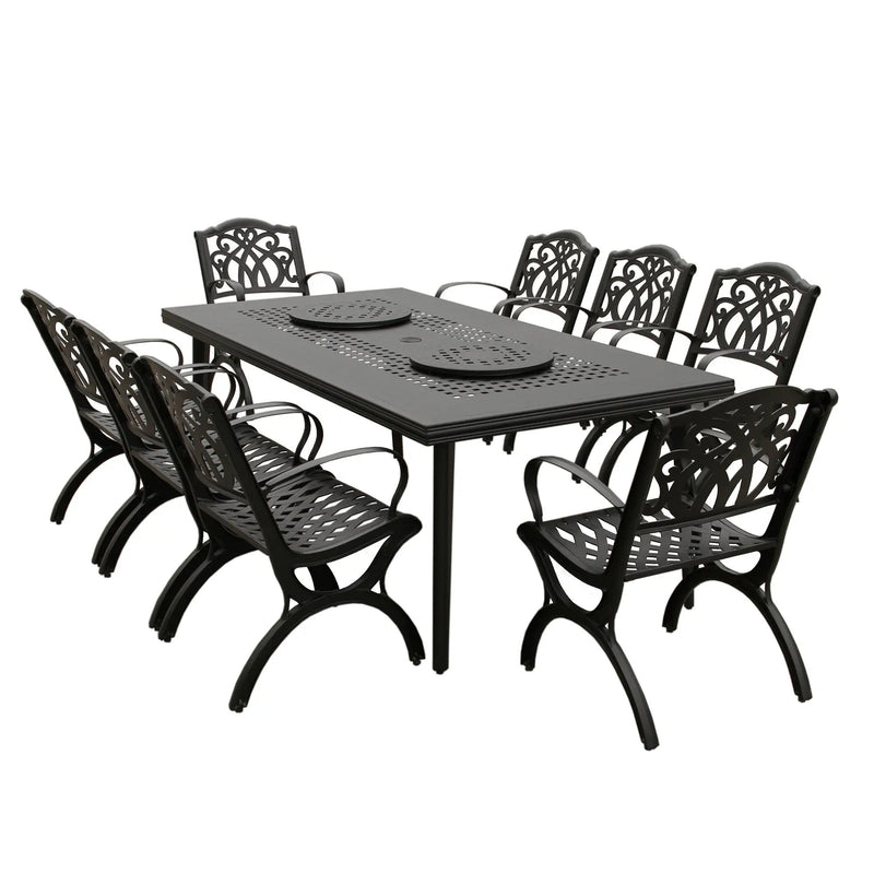 Aluminum 9pc Rectangular Patio Dining Set, Lazy Susans, Eight Chairs by Sharicks