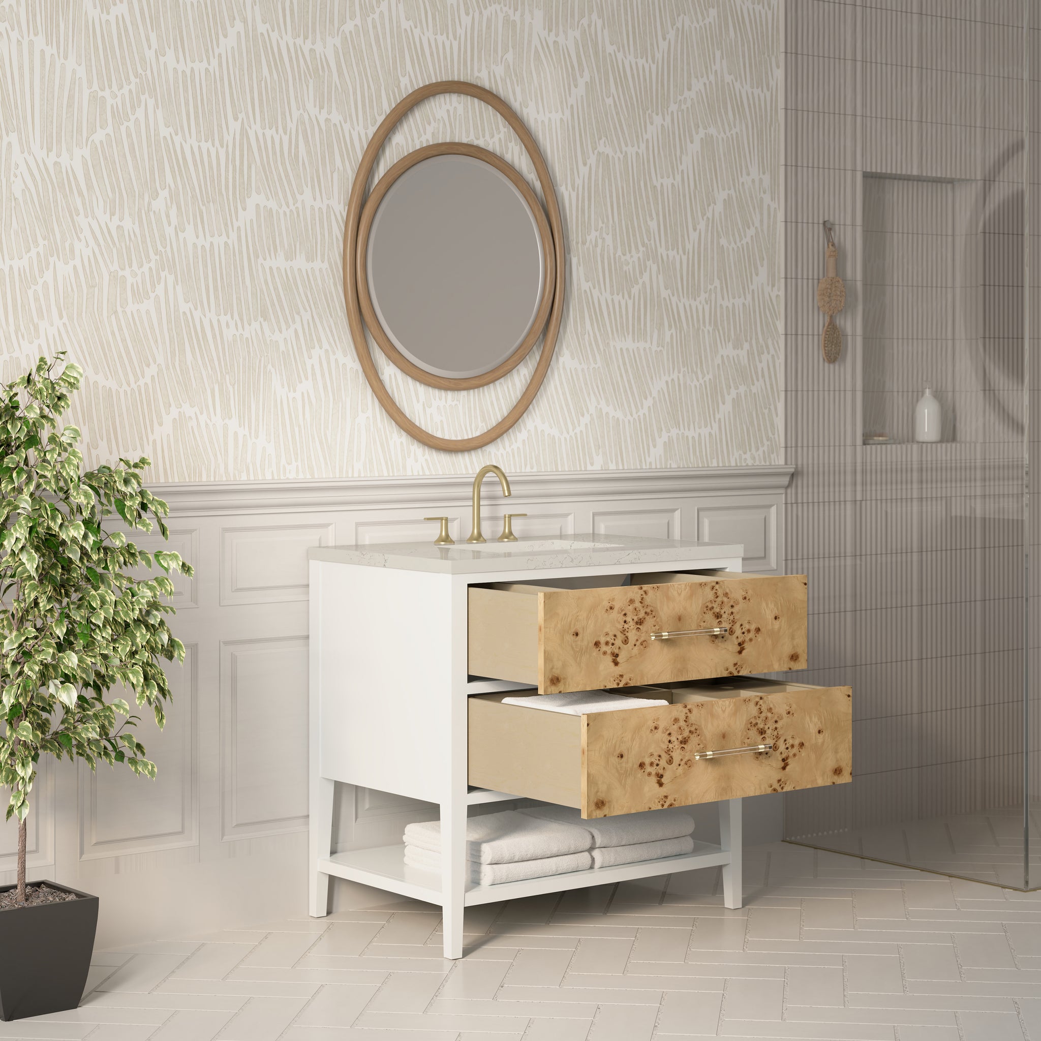 James Martin Olena 36" Single Bathroom Vanity, Polished White and Light Mappa Burl, view 31