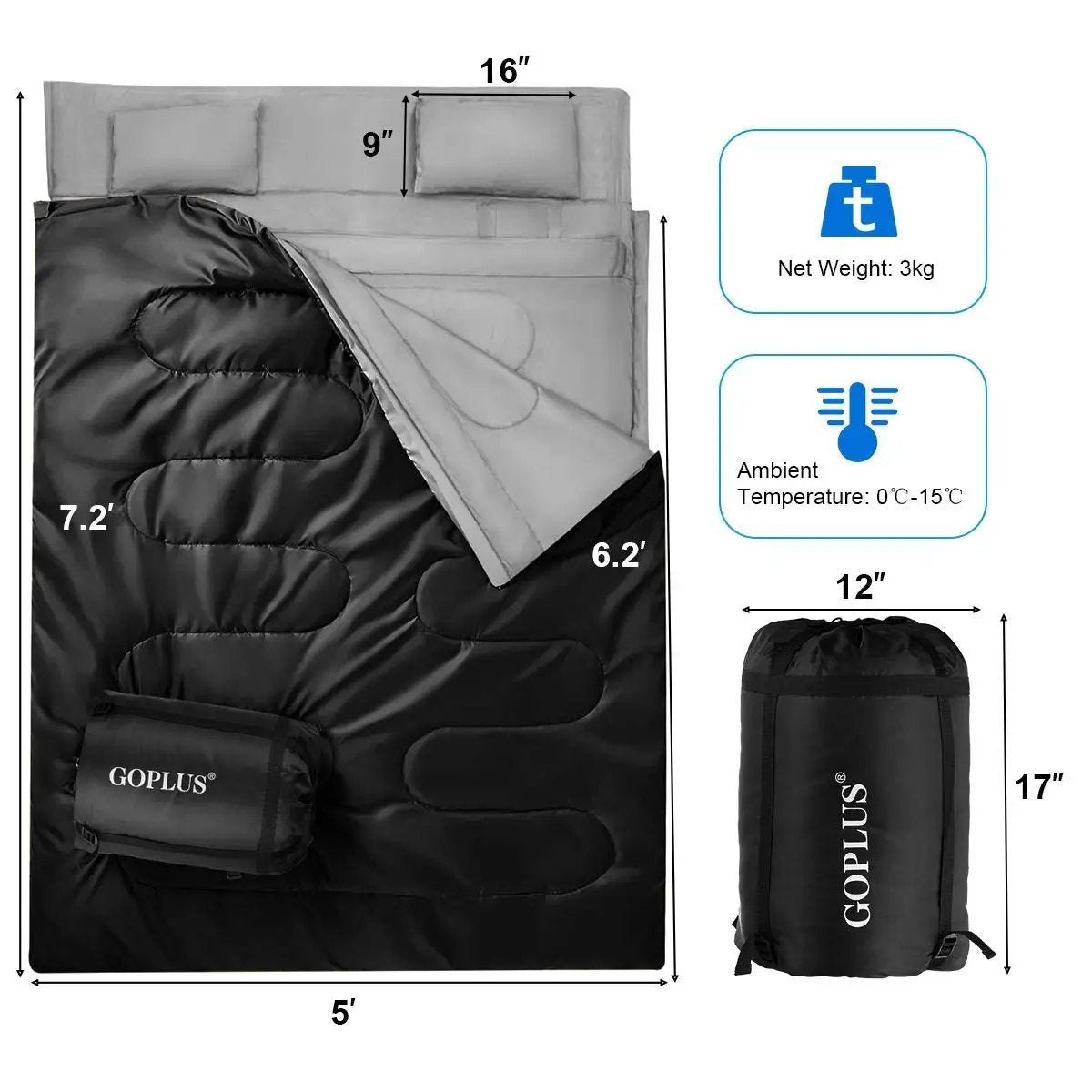 2 Person Waterproof Sleeping Bag with 2 Pillows-Black by DirectDeals