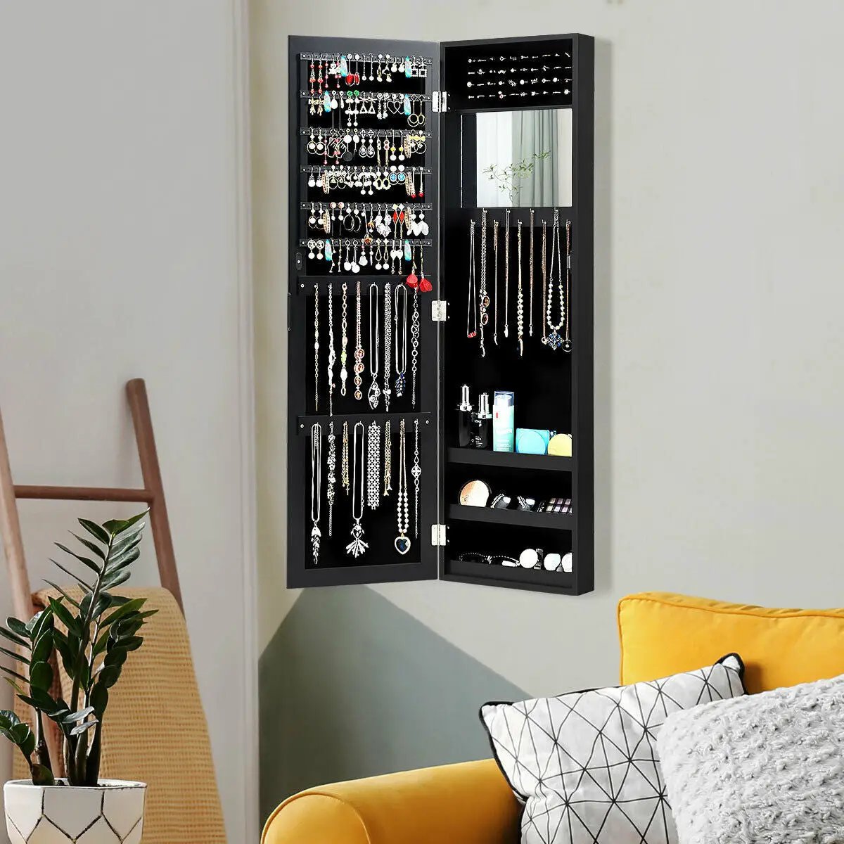 Full Length Mirror Jewelry Cabinet with Ring Slots and Necklace Hooks by DirectDeals