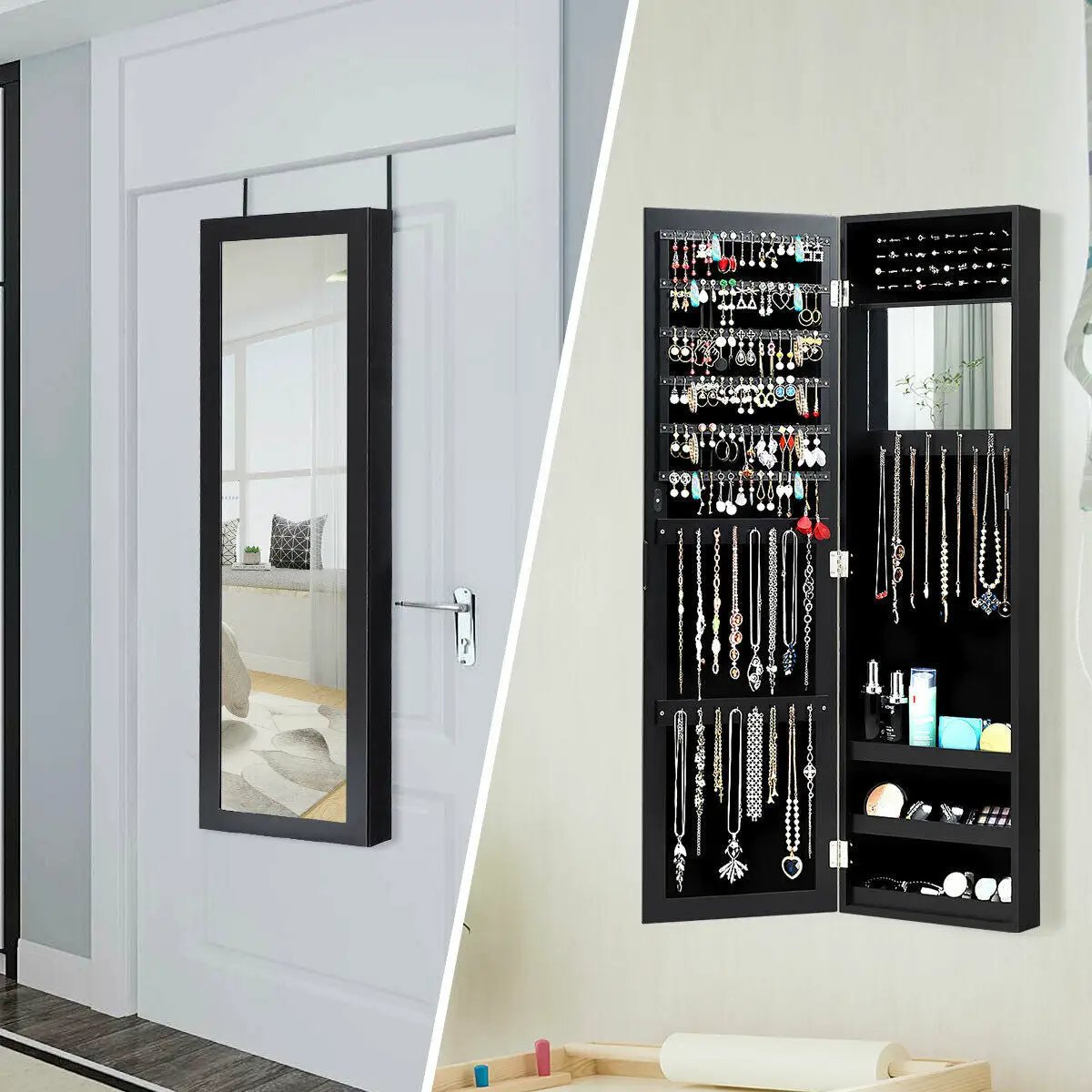 Full Length Mirror Jewelry Cabinet with Ring Slots and Necklace Hooks by DirectDeals