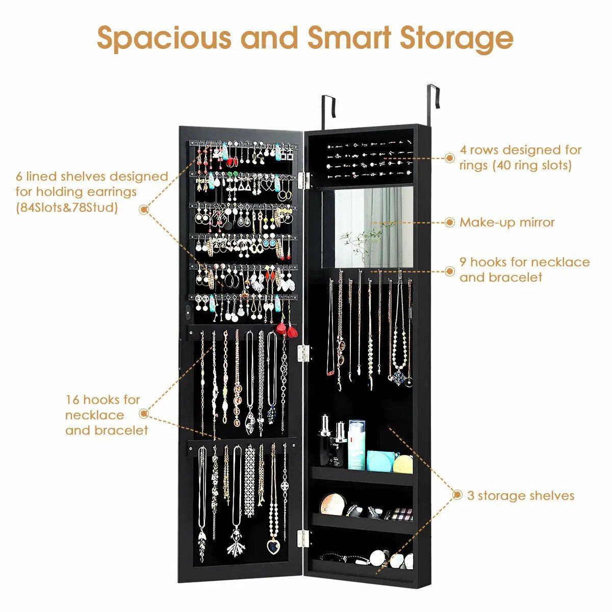 Full Length Mirror Jewelry Cabinet with Ring Slots and Necklace Hooks by DirectDeals