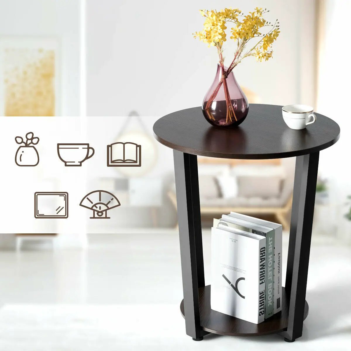 2-tier Round End Table with Storage Shelf & Metal Frame by DirectDeals