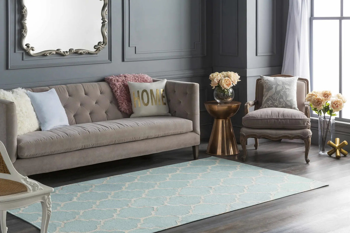 Ragan Ice Blue Trellis Cotton Rug - Clearance, installed in a room 3