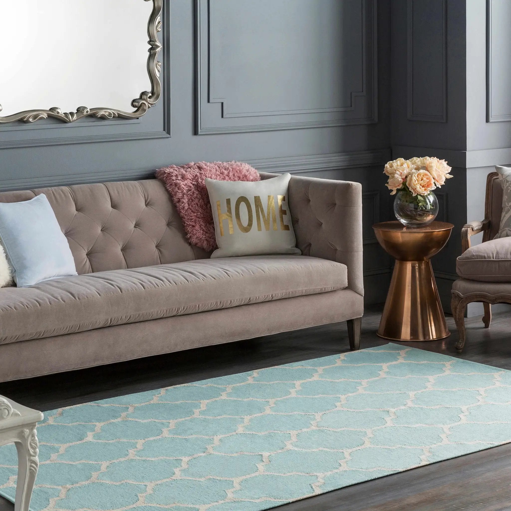 Ragan Ice Blue Trellis Cotton Rug - Clearance by Boutique Rugs