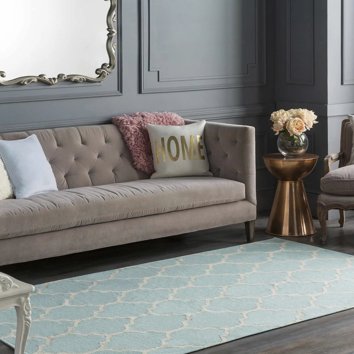 Ragan Ice Blue Trellis Cotton Rug - Clearance, installed in a room 2