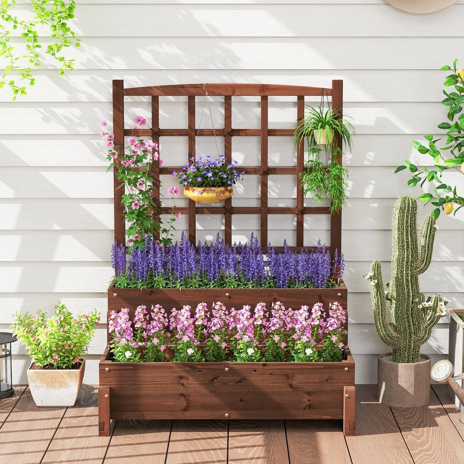 Raised Garden Bed with Trellis 2-tier Wood Planter Box with Drainage Holes-Rustic Brown by DirectDeals