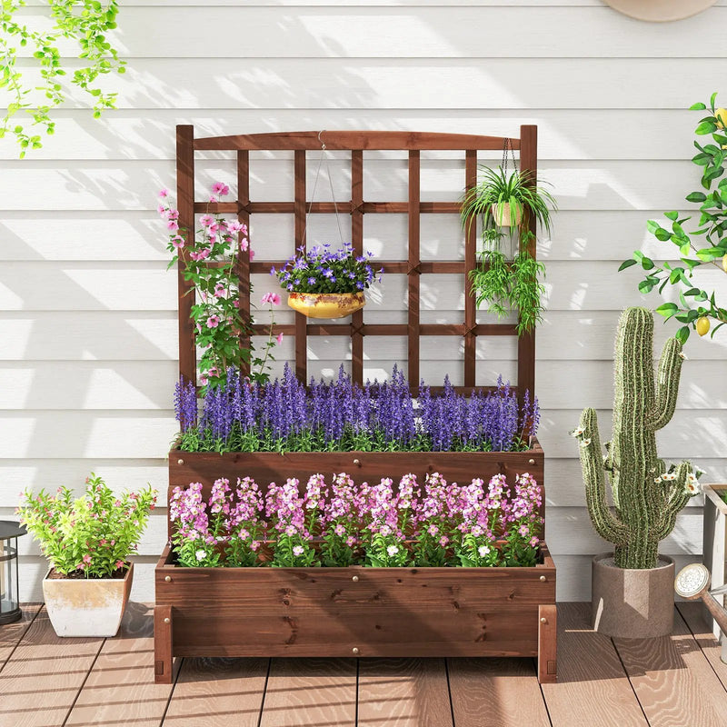 Raised Garden Bed with Trellis 2-tier Wood Planter Box with Drainage Holes-Rustic Brown by DirectDeals