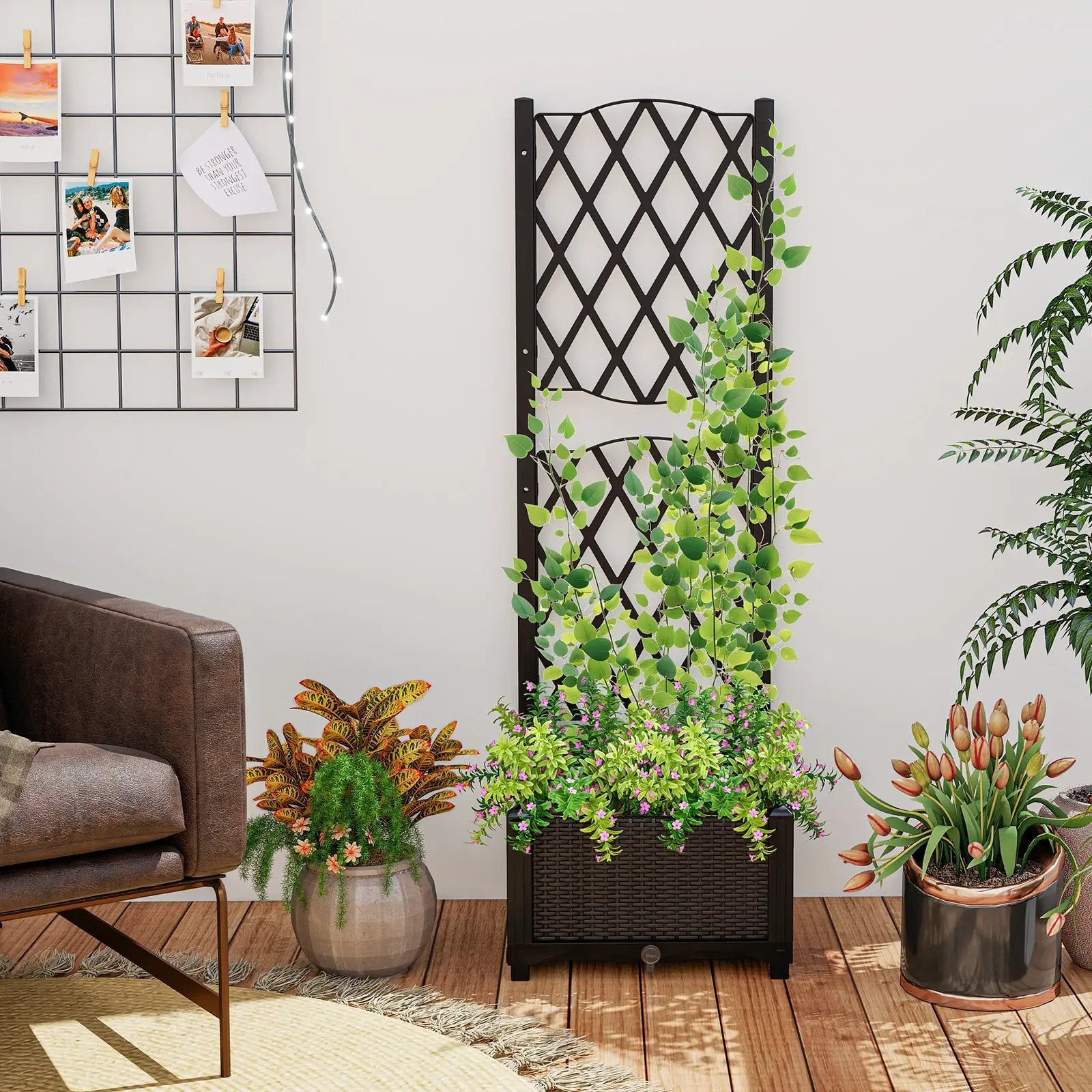 Raised Garden Bed with Trellis Planter Box for Climbing Plants -Brown by DirectDeals