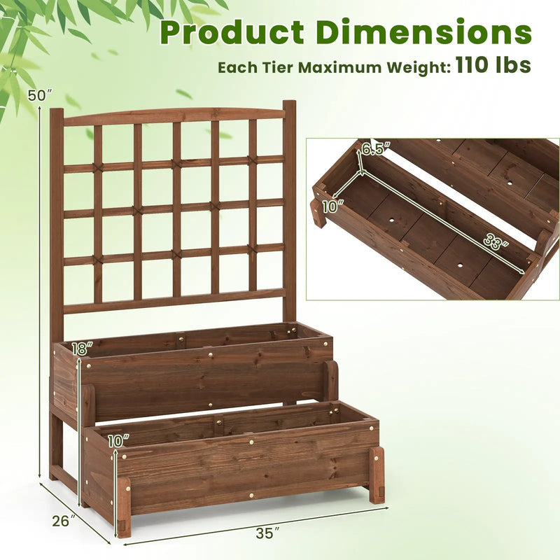 Raised Garden Bed with Trellis 2-tier Wood Planter Box with Drainage Holes-Rustic Brown by DirectDeals