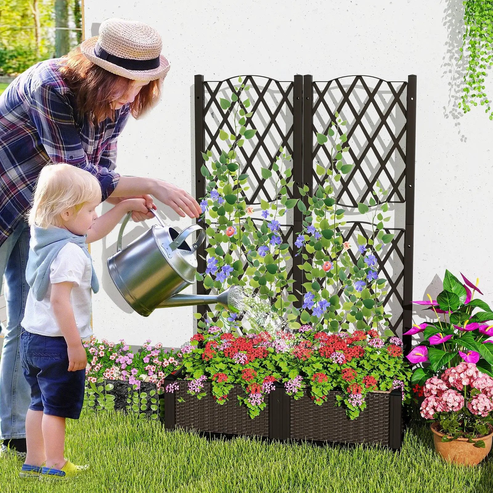 PE Rattan Raised Garden Bed with Trellis Planter Box for Climbing Plants-Brown by DirectDeals