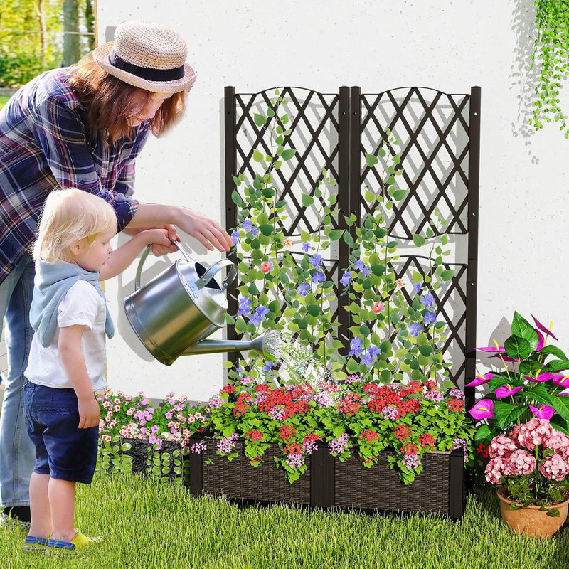 PE Rattan Raised Garden Bed with Trellis Planter Box for Climbing Plants-Brown by DirectDeals