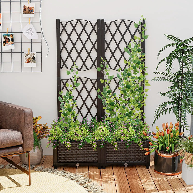 PE Rattan Raised Garden Bed with Trellis Planter Box for Climbing Plants-Brown by DirectDeals