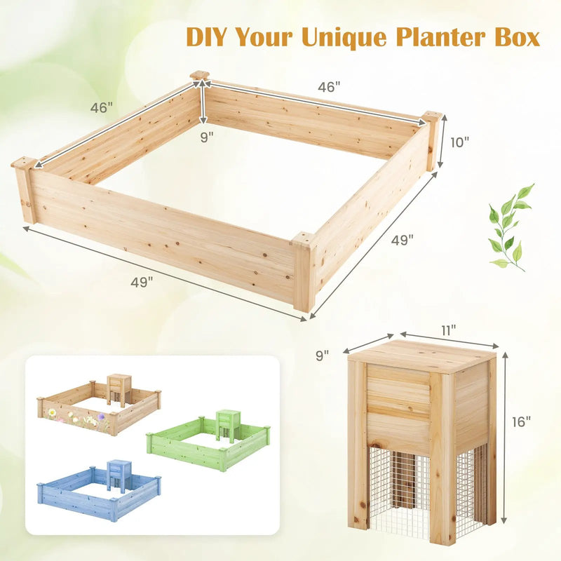 49 x 49 x 10 Inch Raised Garden Bed with Compost Bin and Open-ended Bottom-Natural by DirectDeals