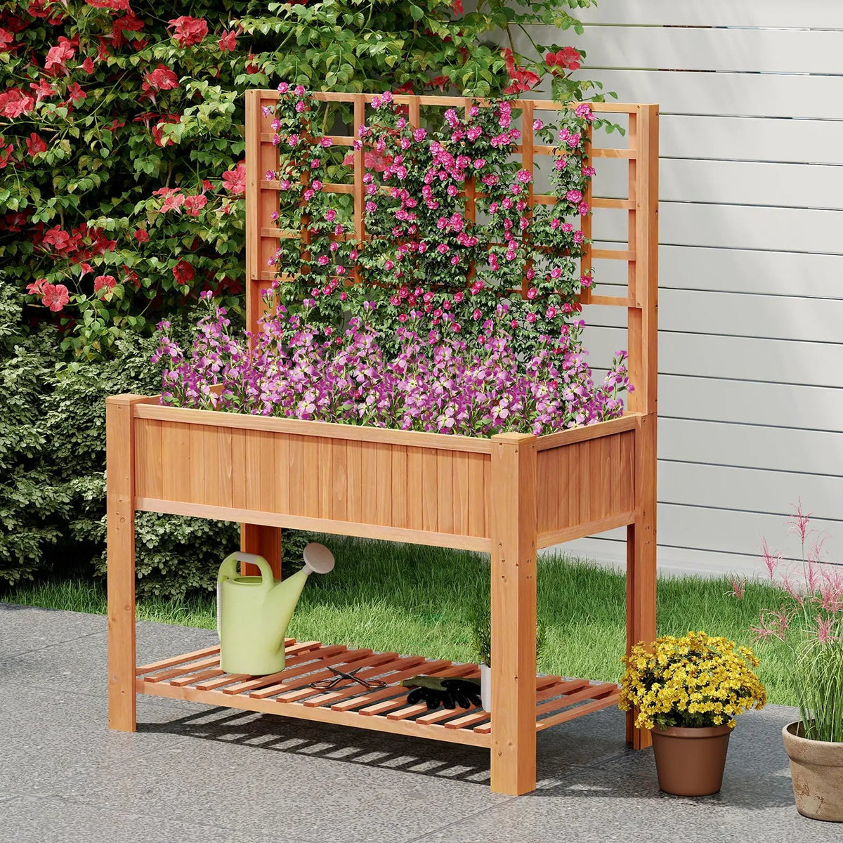 Raised Garden Bed with Trellis Wooden Elevated Planter Box with Legs