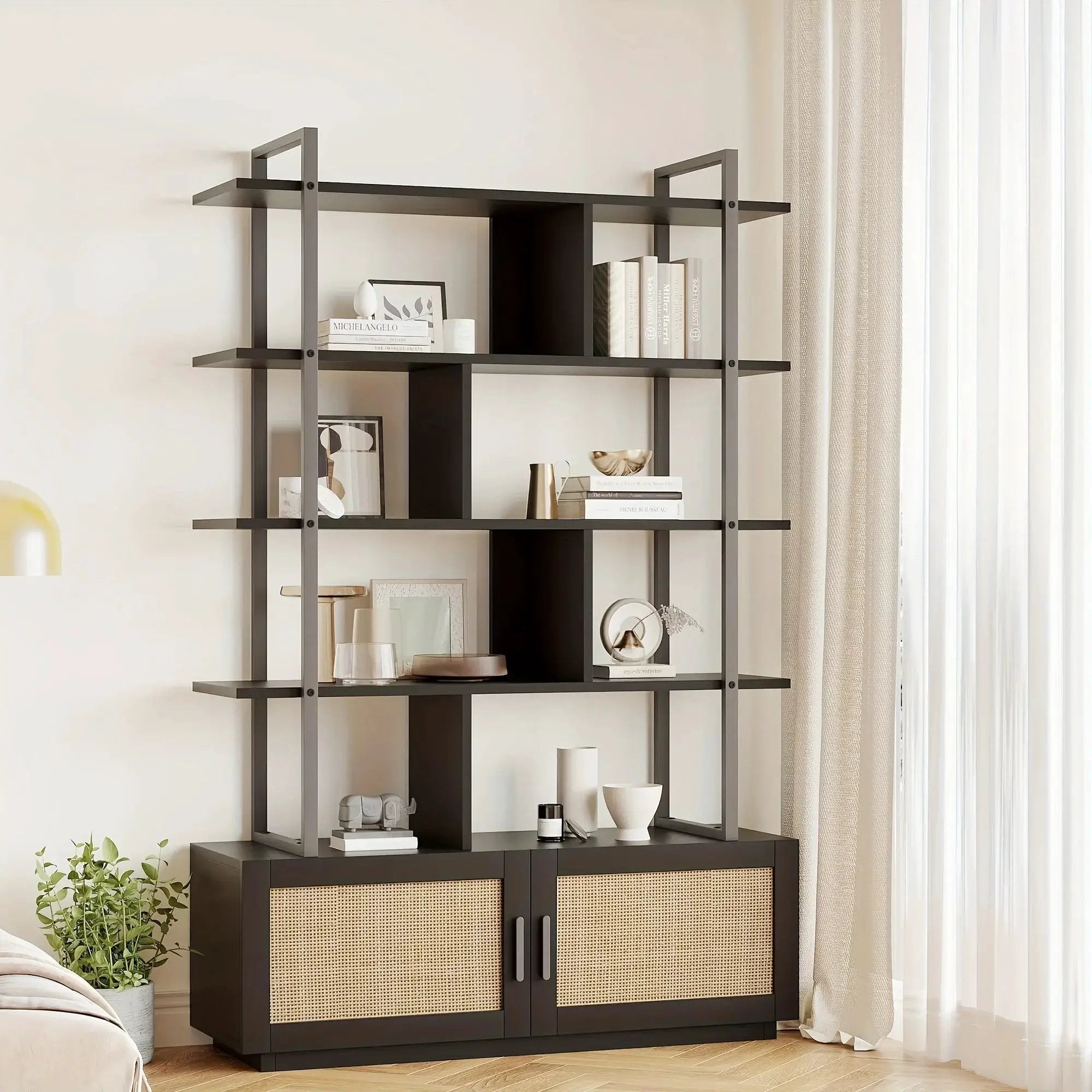 Rattan 5 Tier Bookshelf with Open Storage, 71 Inch Black Bookcase by House Of Avana