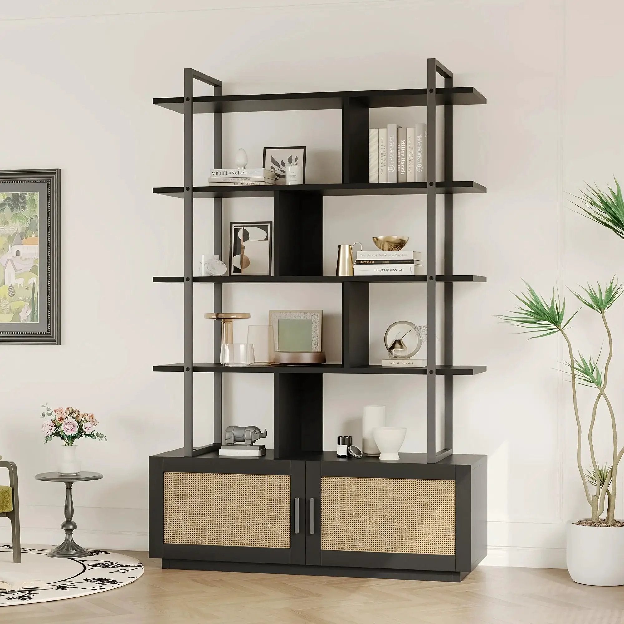 Rattan 5 Tier Bookshelf with Open Storage, 71 Inch Black Bookcase by House Of Avana