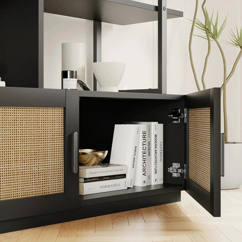Rattan 5 Tier Bookshelf with Open Storage, 71 Inch Black Bookcase by House Of Avana