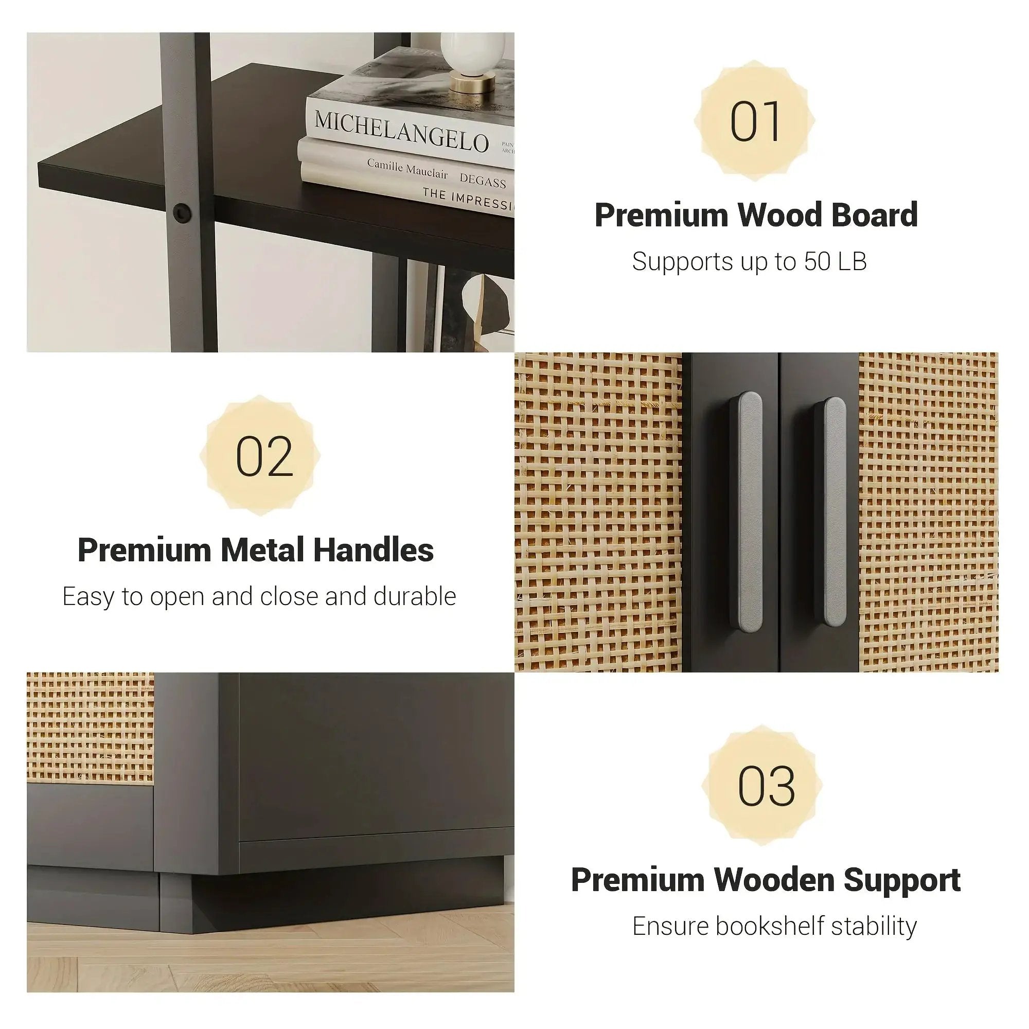 Rattan 5 Tier Bookshelf with Open Storage, 71 Inch Black Bookcase by House Of Avana