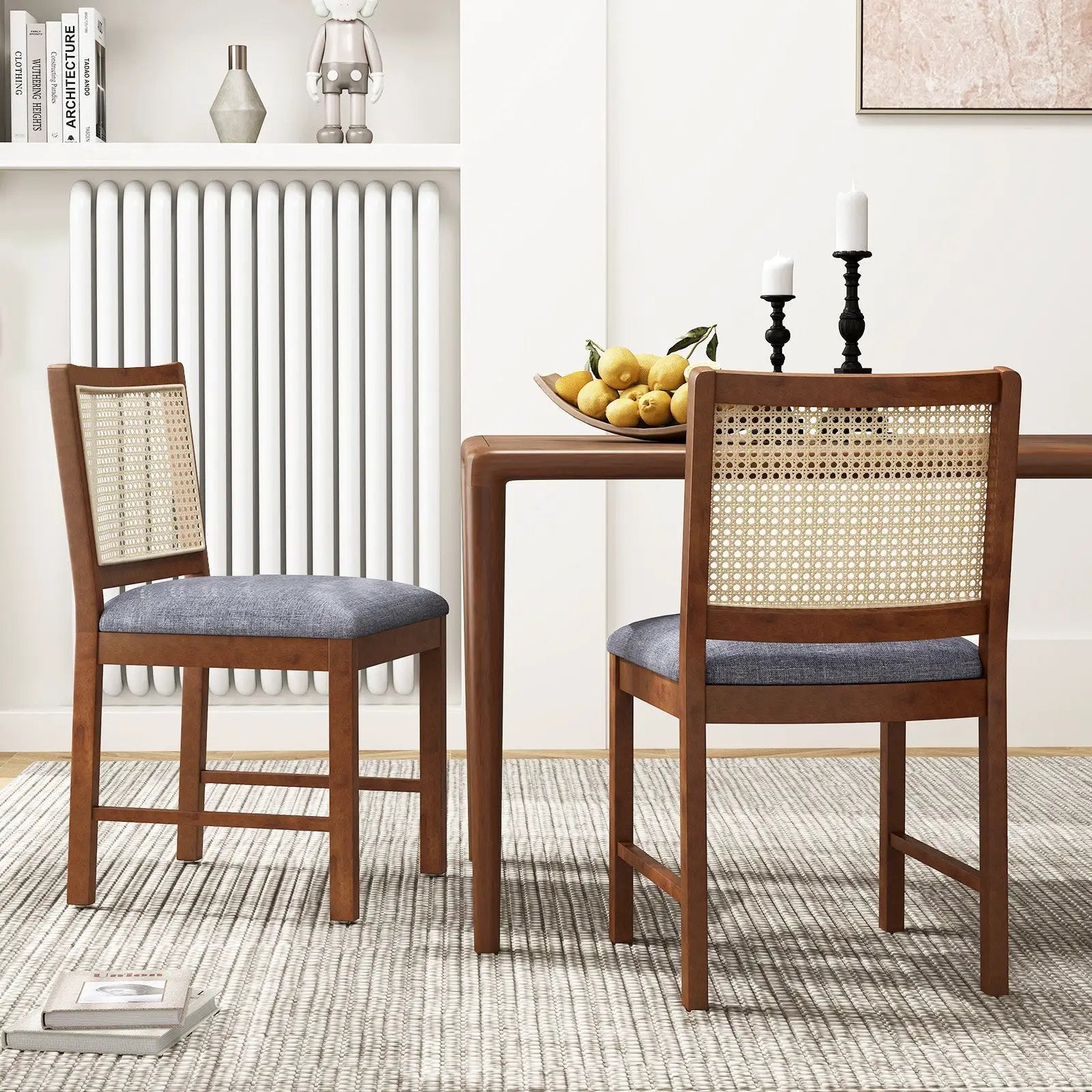 Rattan Dining Chair Set of 2 with Rubber Wood Frame and Linen Fabric Padded Seat-Walnut by DirectDeals