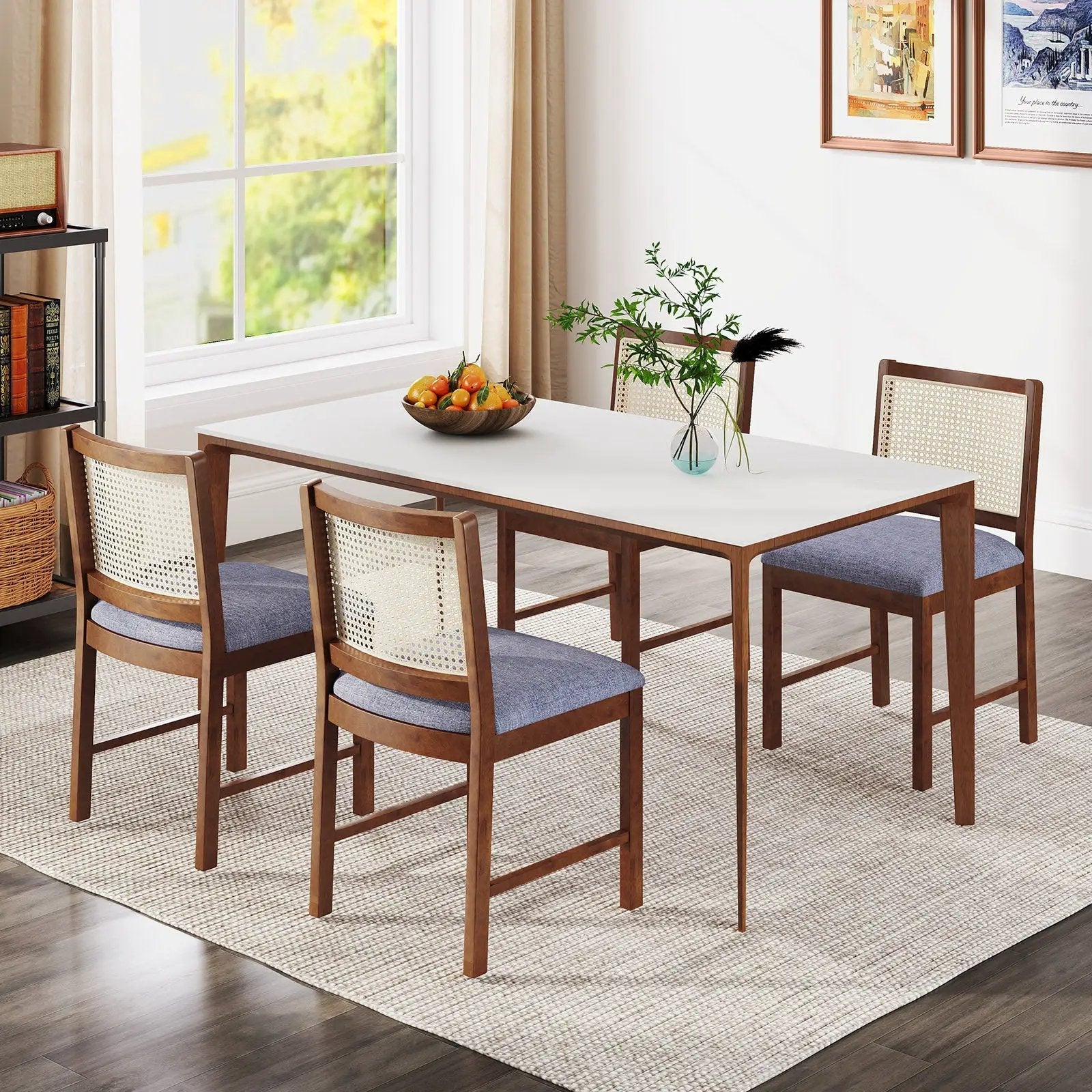 Rattan Dining Chair Set of 2 with Rubber Wood Frame and Linen Fabric Padded Seat-Walnut by DirectDeals