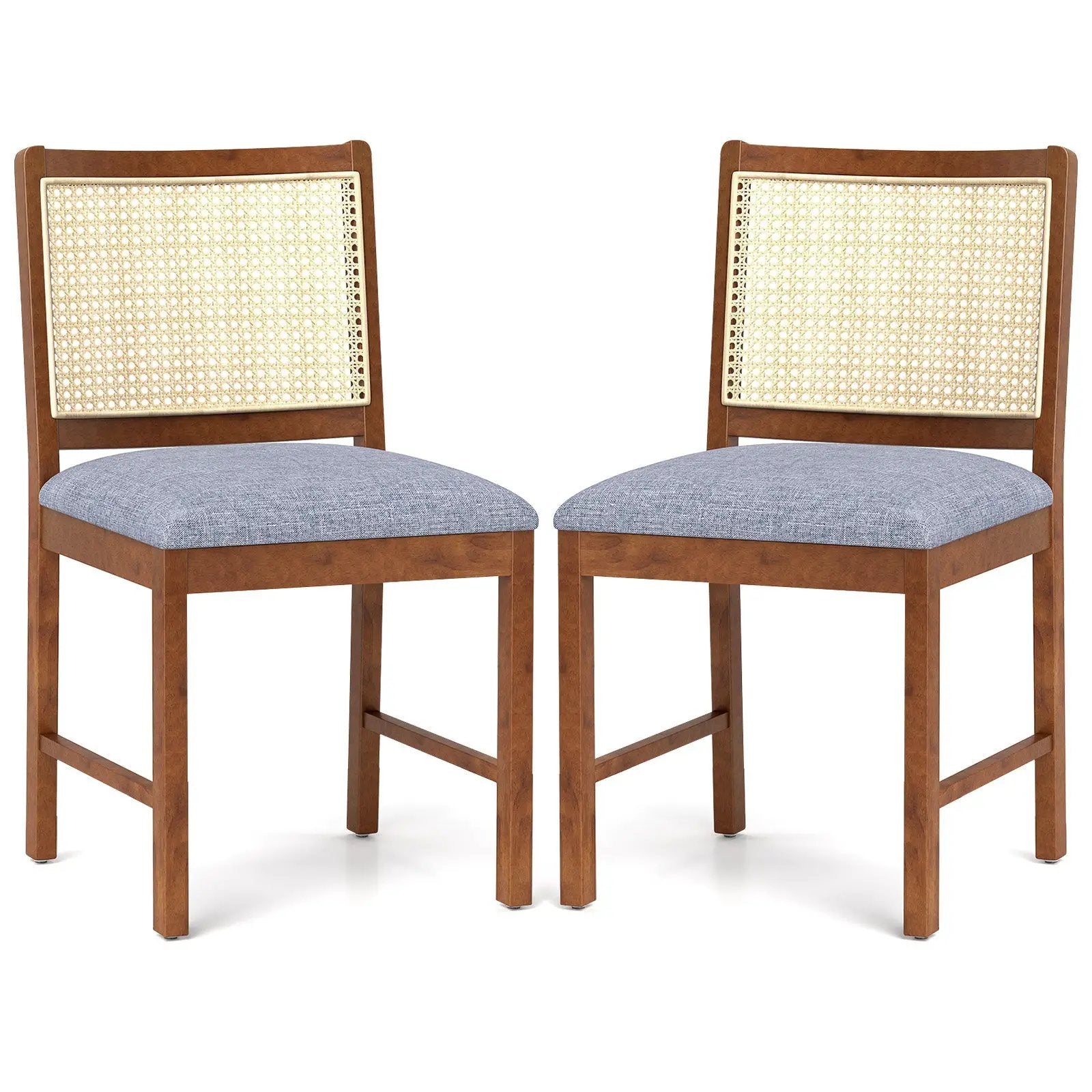 Rattan Dining Chair Set of 2 with Rubber Wood Frame and Linen Fabric Padded Seat-Walnut by DirectDeals