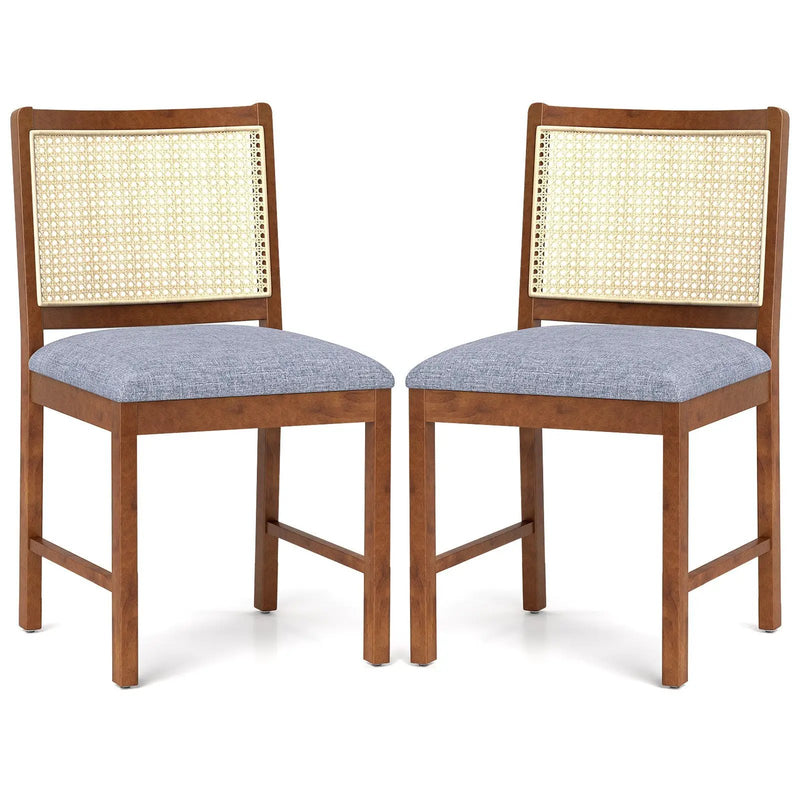 Rattan Dining Chair Set of 2 with Rubber Wood Frame and Linen Fabric Padded Seat-Walnut by DirectDeals