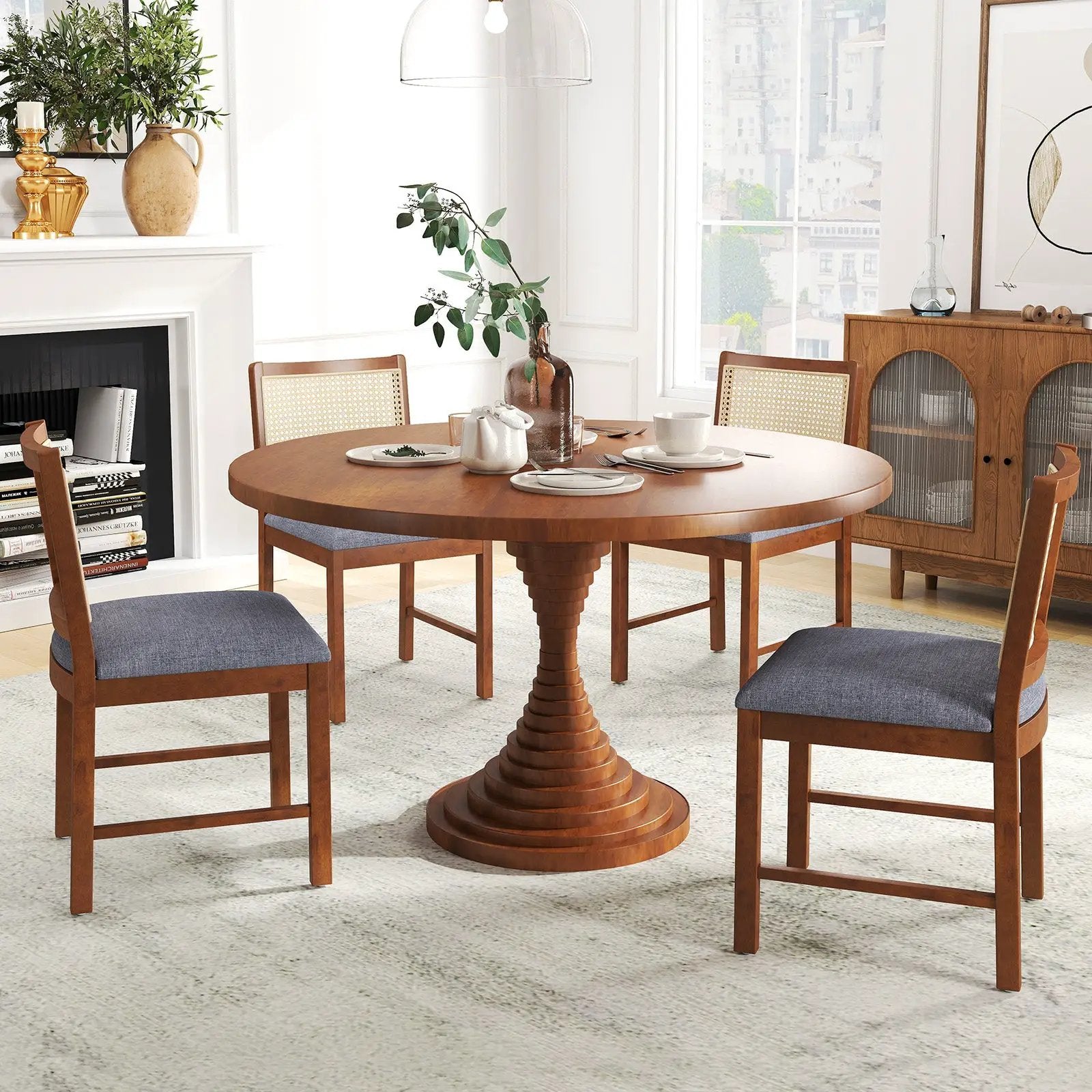 Rattan Dining Chair Set of 2 with Rubber Wood Frame and Linen Fabric Padded Seat-Walnut by DirectDeals