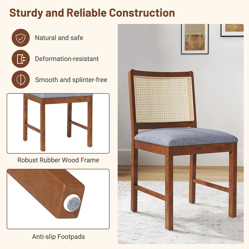 Rattan Dining Chair Set of 2 with Rubber Wood Frame and Linen Fabric Padded Seat-Walnut by DirectDeals