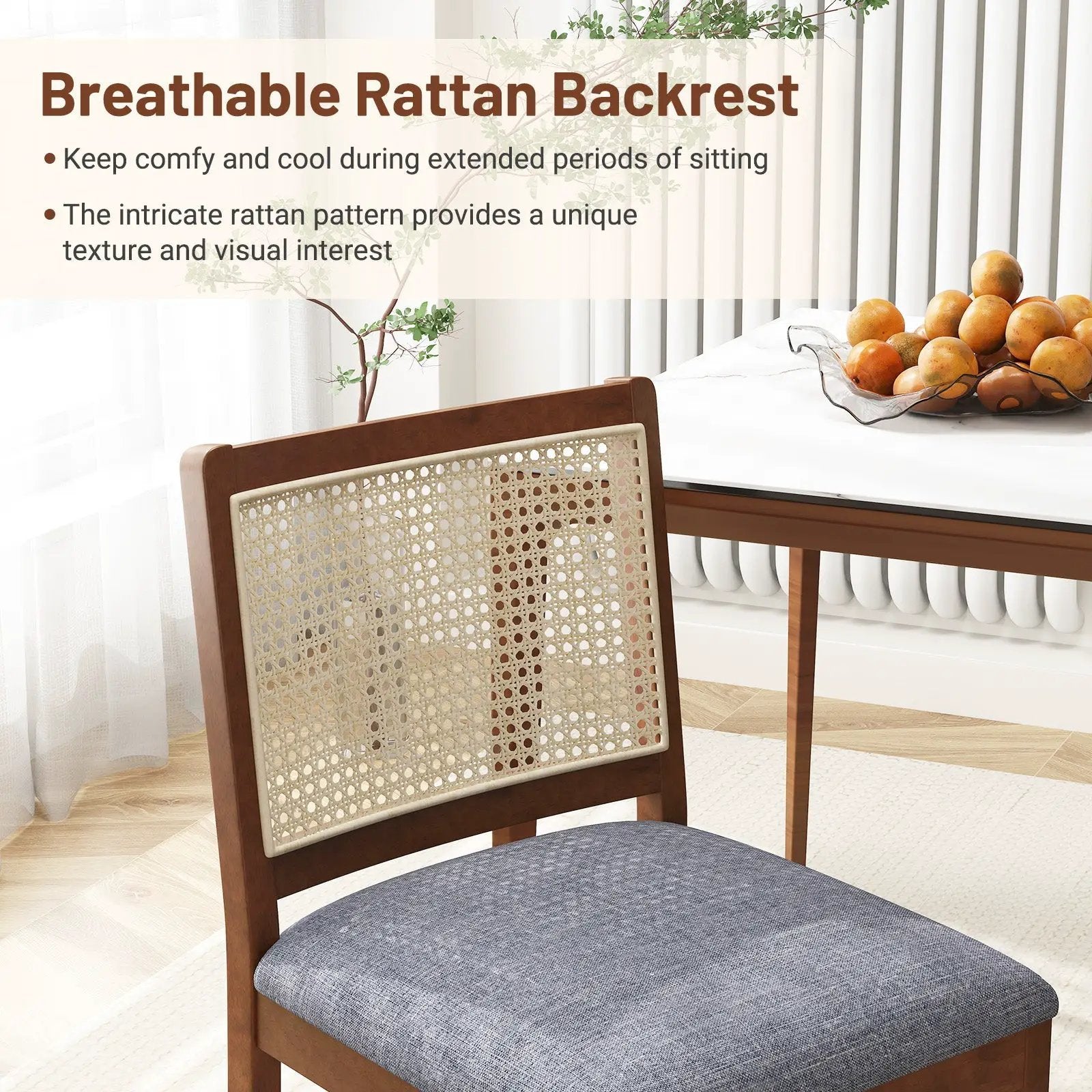 Rattan Dining Chair Set of 2 with Rubber Wood Frame and Linen Fabric Padded Seat-Walnut by DirectDeals
