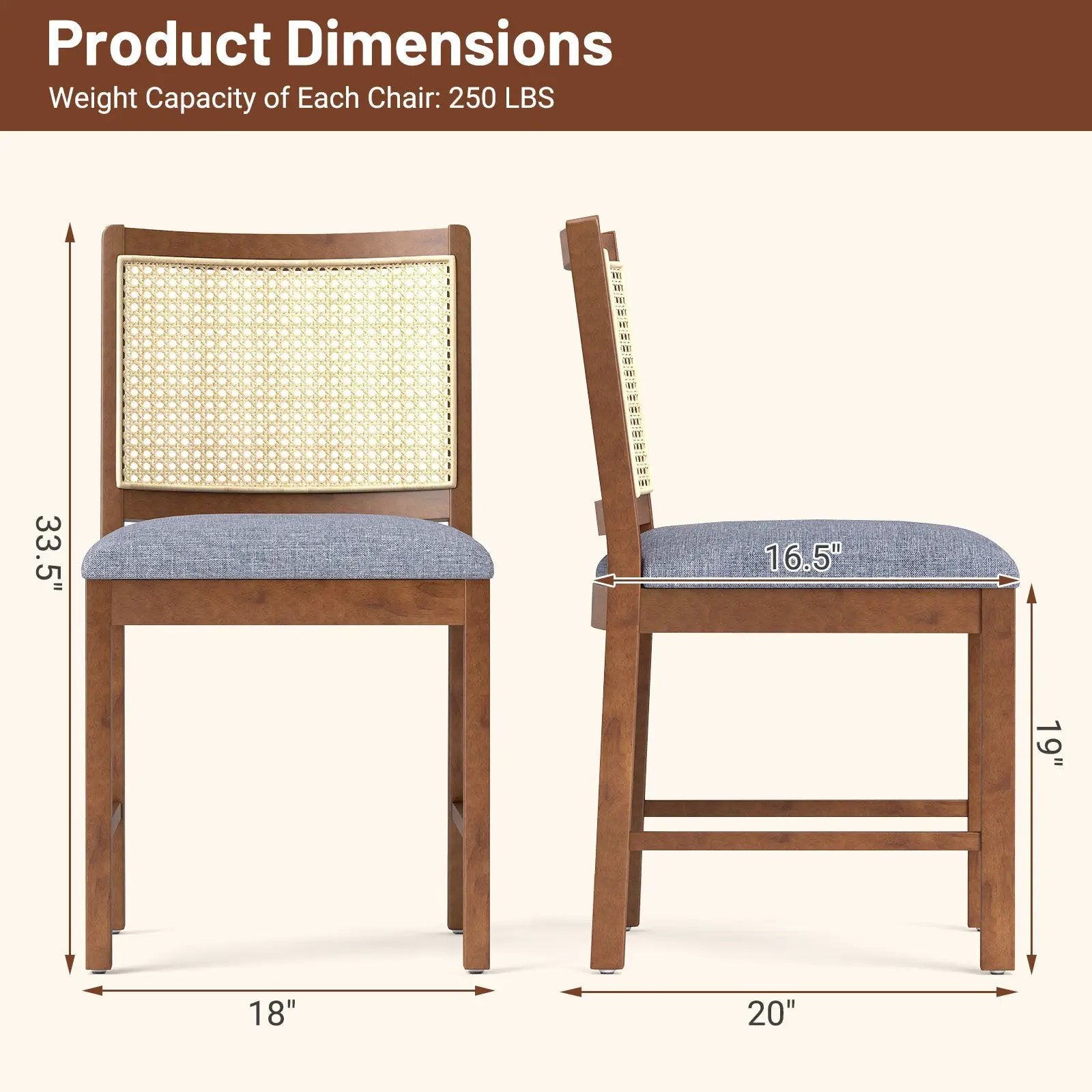 Rattan Dining Chair Set of 2 with Rubber Wood Frame and Linen Fabric Padded Seat-Walnut by DirectDeals