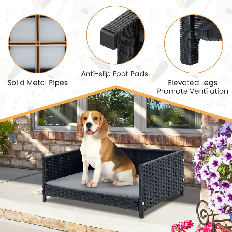 Rattan Dog Bed with Waterproof Soft Cushion for Medium Small Dogs Cats-Gray by DirectDeals
