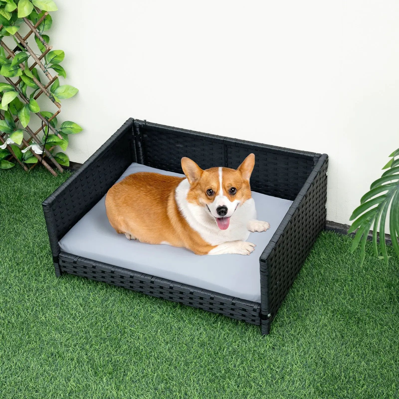 Rattan Dog Bed with Waterproof Soft Cushion for Medium Small Dogs Cats-Gray by DirectDeals