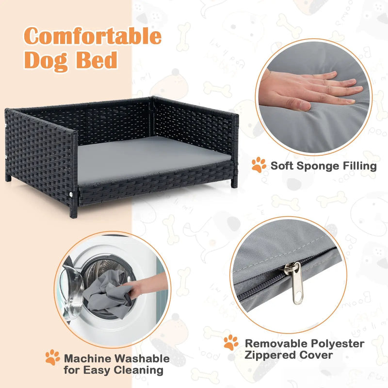 Rattan Dog Bed with Waterproof Soft Cushion for Medium Small Dogs Cats-Gray by DirectDeals