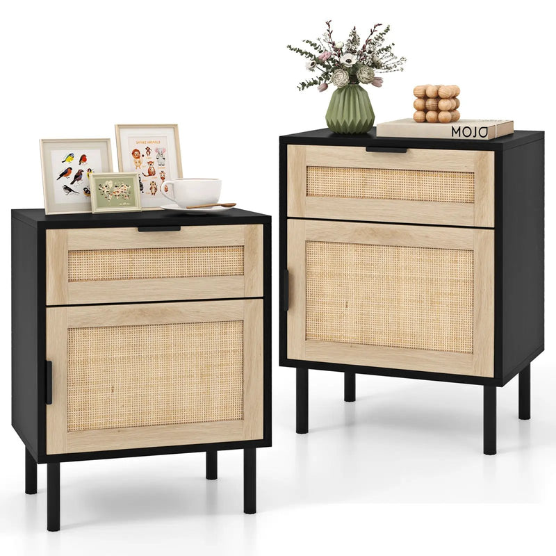 Rattan Nightstand Set of 2 with Drawer and Cabinet-Natural by DirectDeals