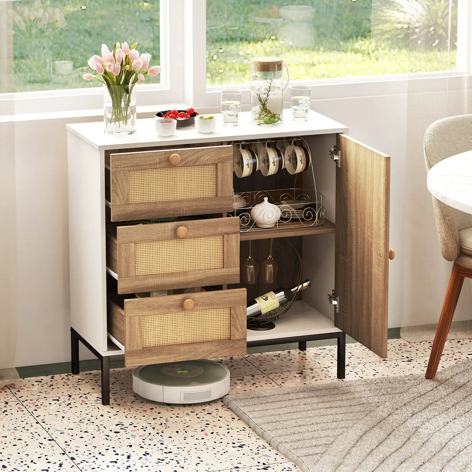 Rattan Sideboard Buffet Cabinet with 1 Door and 3 Drawers-White by DirectDeals