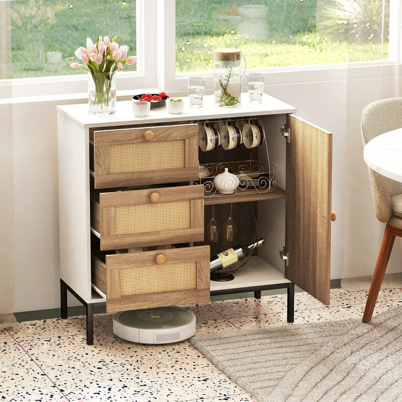 Rattan Sideboard Buffet Cabinet with 1 Door and 3 Drawers-White by DirectDeals