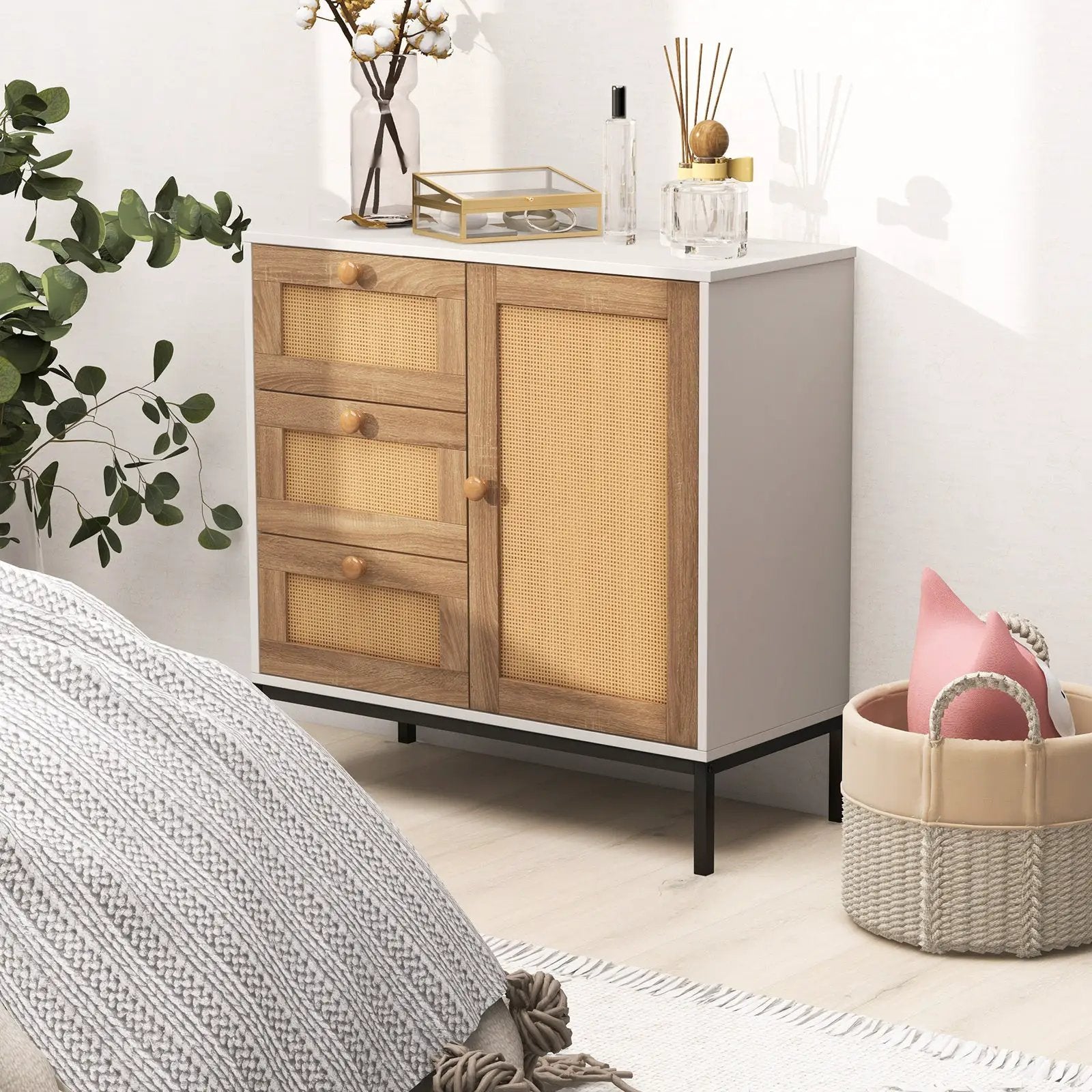 Rattan Sideboard Buffet Cabinet with 1 Door and 3 Drawers-White by DirectDeals