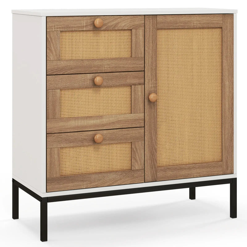 Rattan Sideboard Buffet Cabinet with 1 Door and 3 Drawers-White by DirectDeals