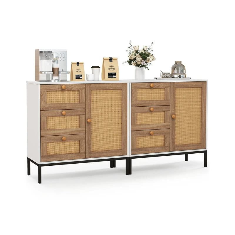 Rattan Sideboard Buffet Cabinet with 1 Door and 3 Drawers-White by DirectDeals