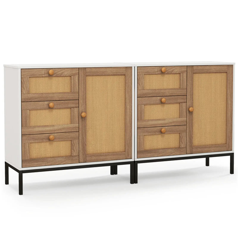 Rattan Sideboard Buffet Cabinet with 1 Door and 3 Drawers-White by DirectDeals