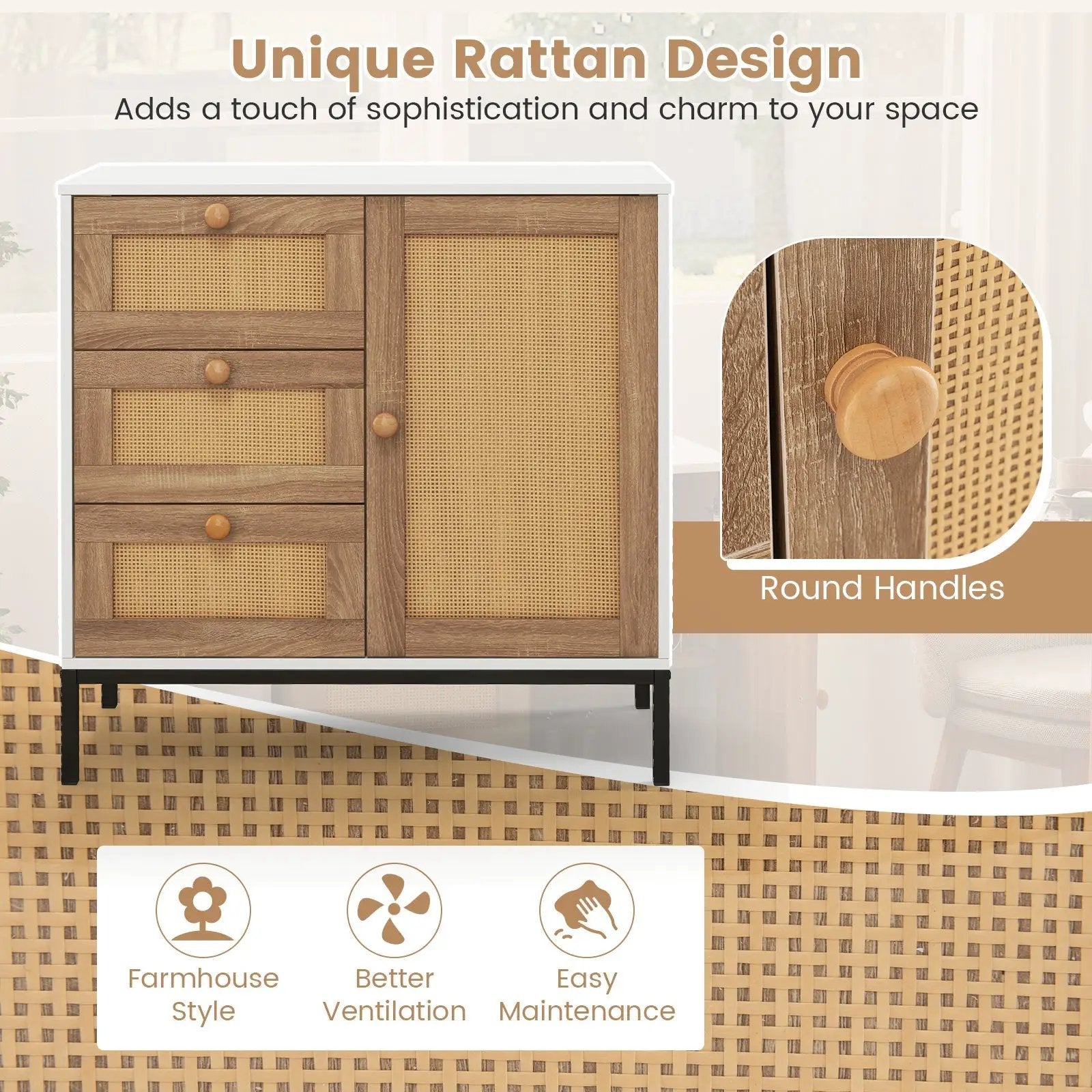 Rattan Sideboard Buffet Cabinet with 1 Door and 3 Drawers-White by DirectDeals