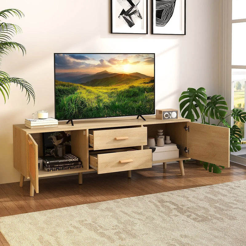 Rattan TV Stand for 65-Inch TV with Drawers and Solid Wood Legs-Natural by DirectDeals