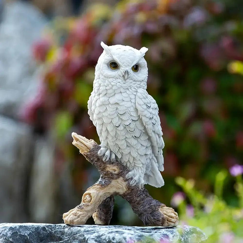 Realistic White Owl Garden Statue Perched on Branch by House Of Avana