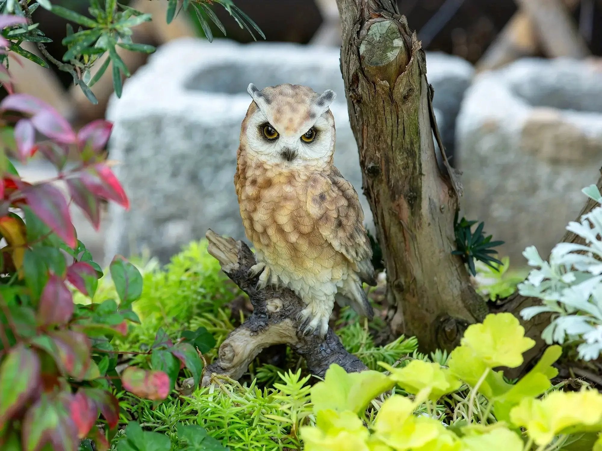 Realistic White Owl Garden Statue Perched on Branch by House Of Avana