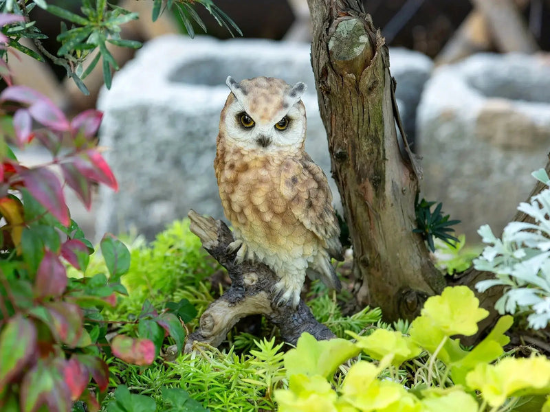 Realistic White Owl Garden Statue Perched on Branch by House Of Avana