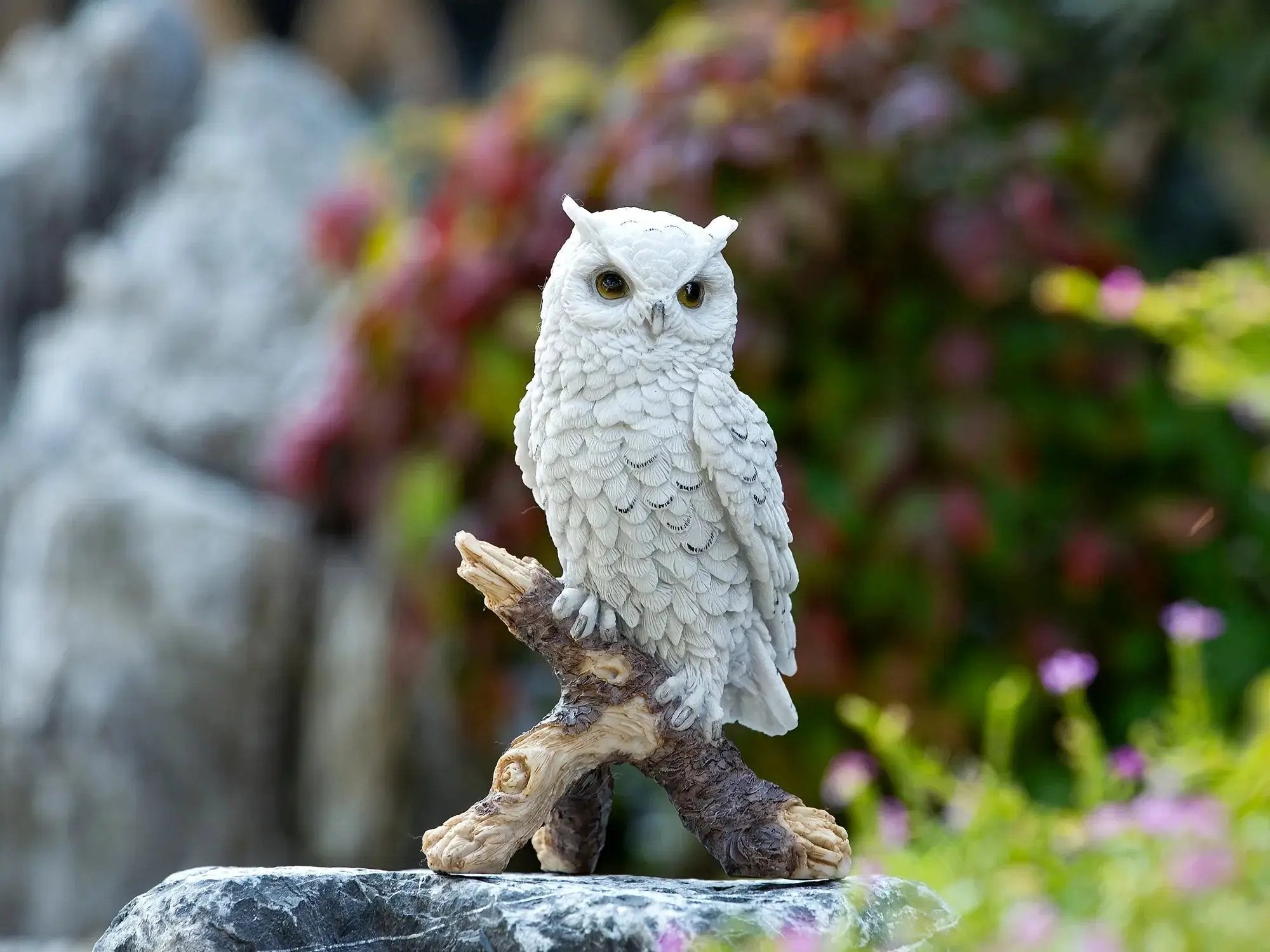 Realistic White Owl Garden Statue Perched on Branch by House Of Avana